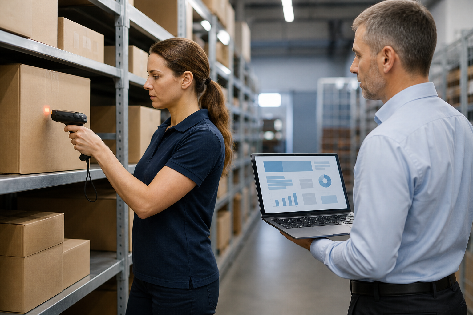 Employee scanning inventory beside a project manager using a laptop