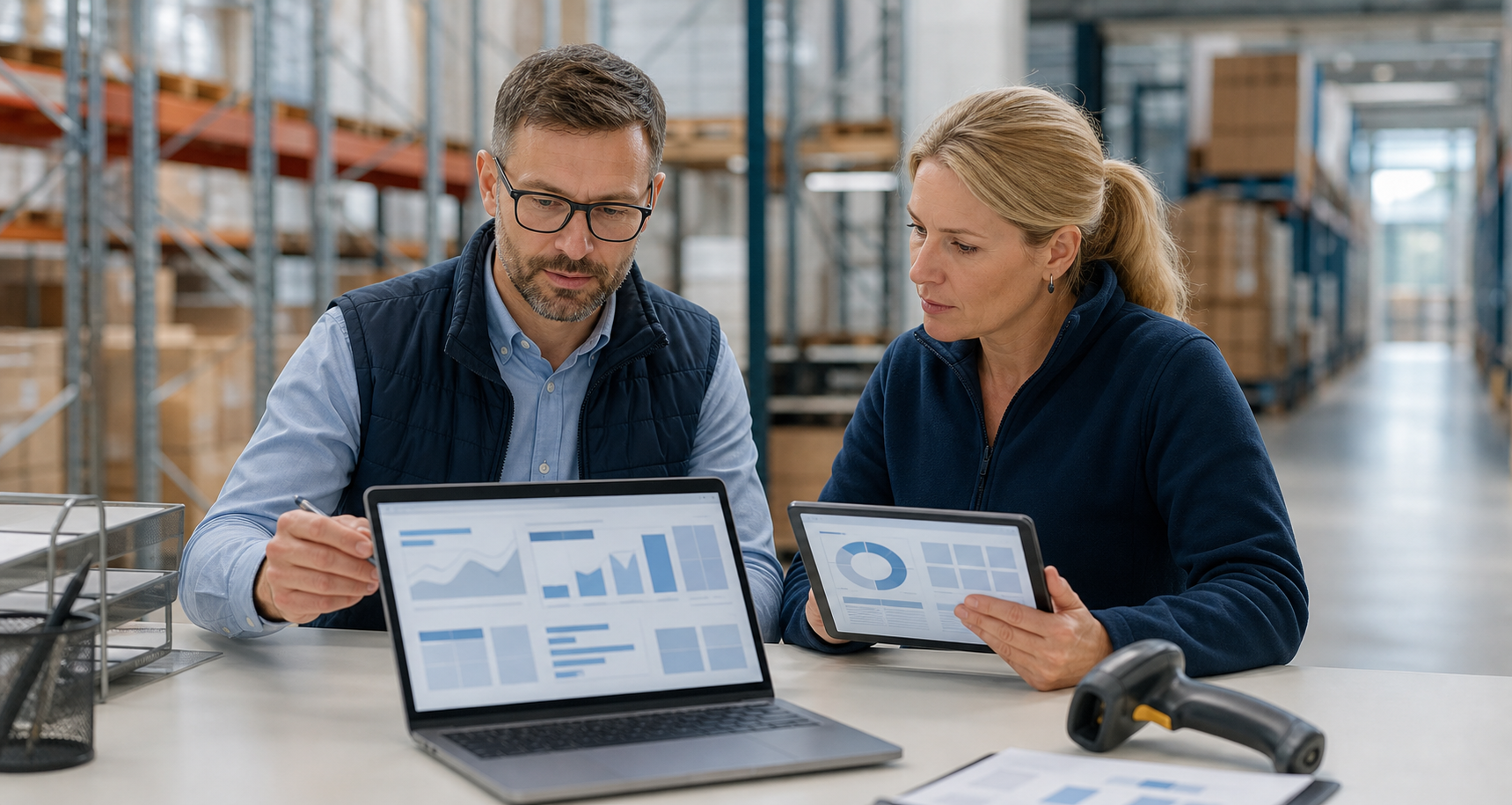 Projektverantwortliche vergleichen Inventursoftware auf Laptop und Tablet im Lager