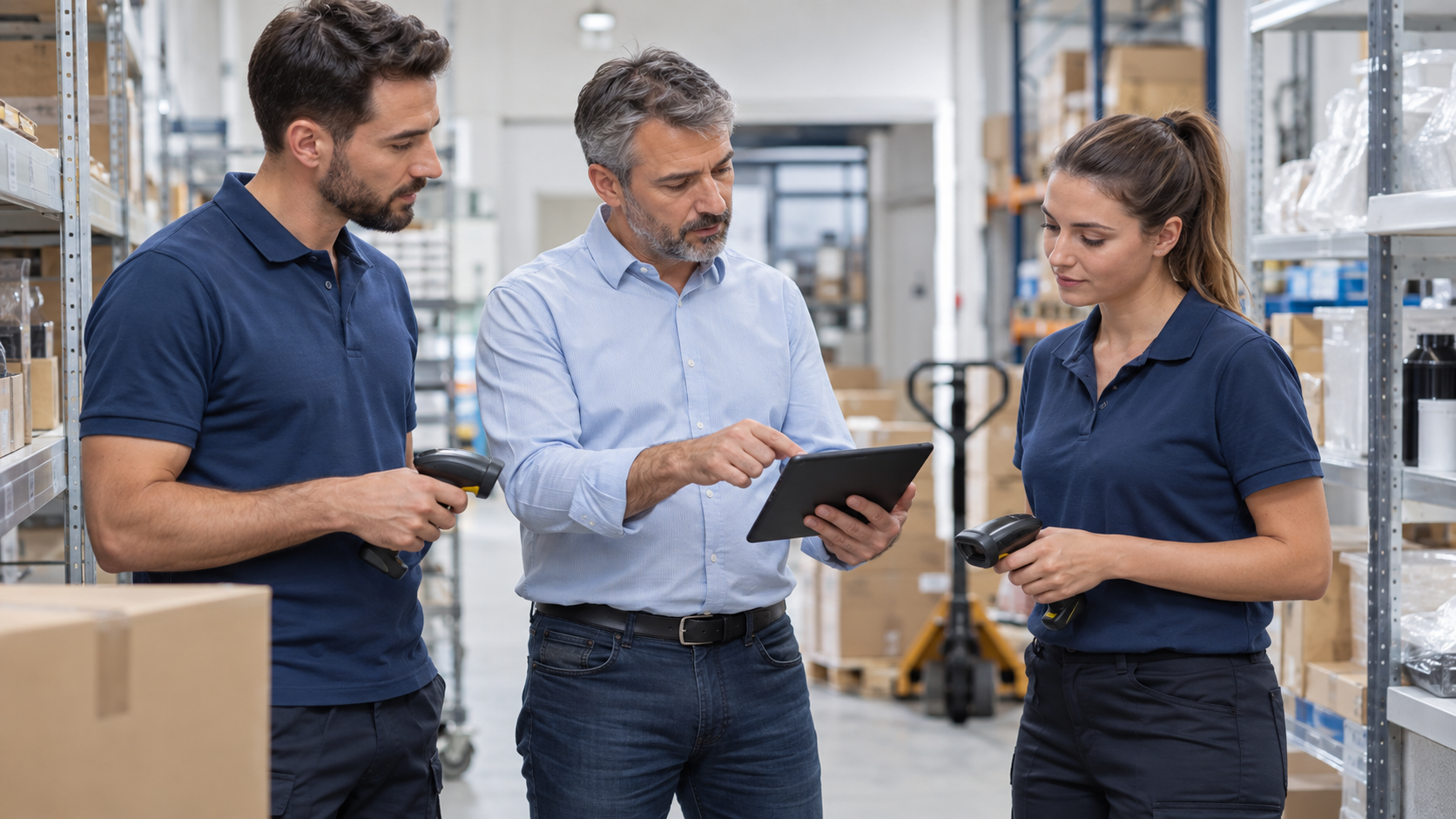 Projektleiter weist Mitarbeitende in Inventursoftware und Inventurscanner ein