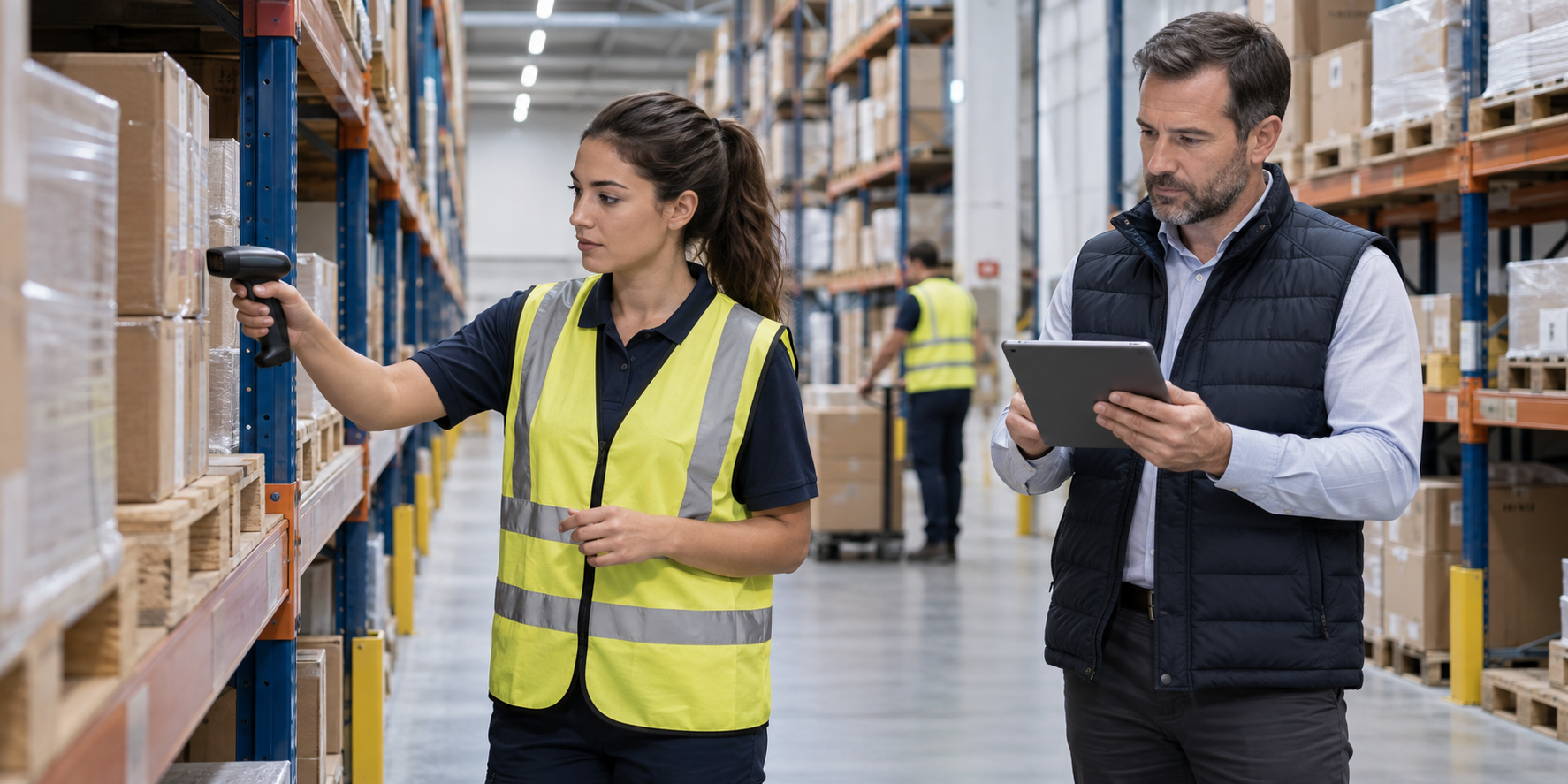 Warehouse worker scanning inventory while a project manager reviews the digital count