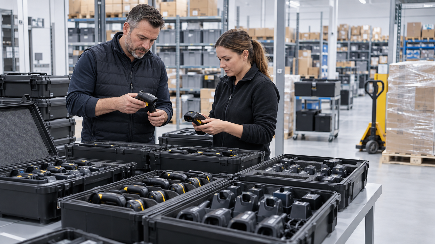 Projektteam prüft Mietgeräte und Inventurscanner für eine saisonale Inventurspitze
